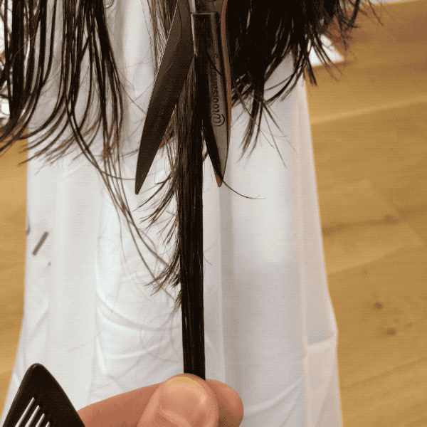 slide cutting, haircut, brunette