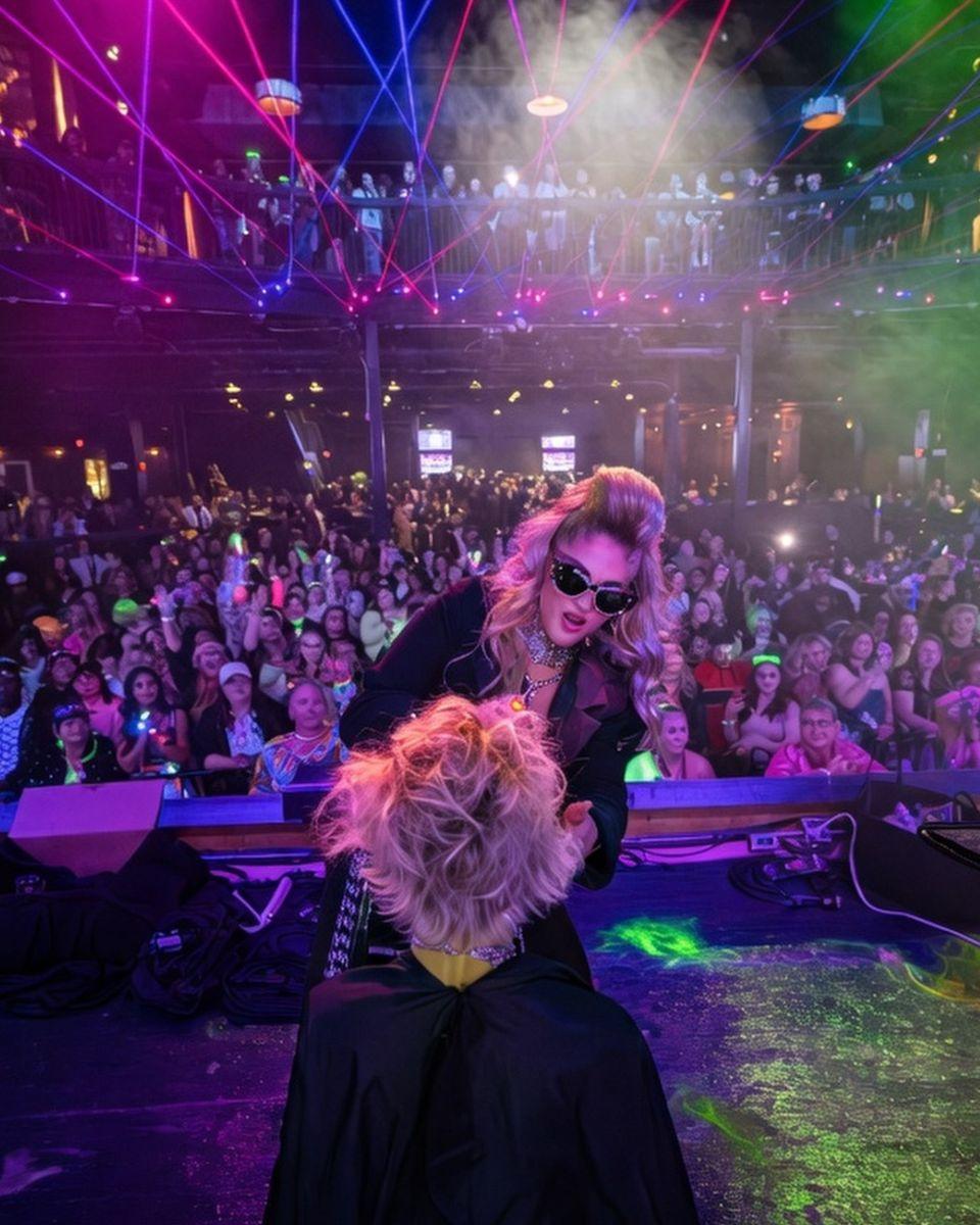 Alt text: Ashlee Norman styles a model’s blonde hair onstage at America’s Beauty Show in Chicago with the HOB Collective as a crowd watches under colorful lights.