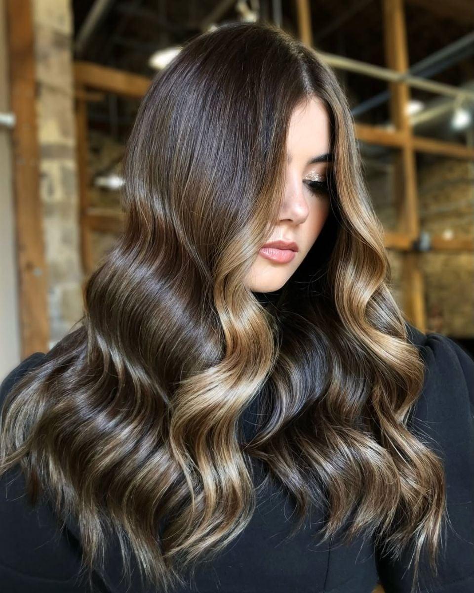 Finished luxury brunette color featuring rich chocolate brown tones, soft caramel ribbons and seamless lived-in dimension styled in glossy waves.