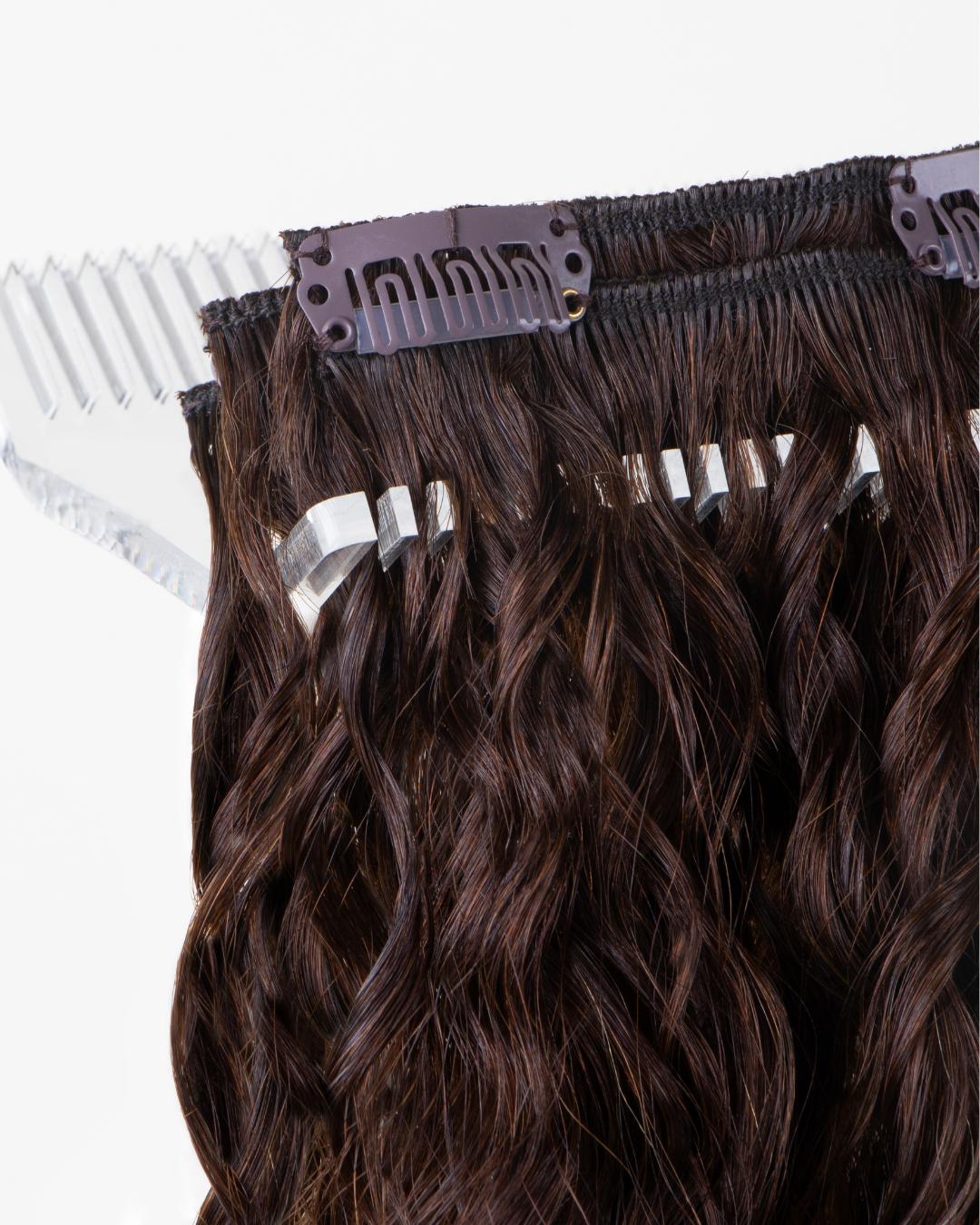 Close-up of Pro 7 Clip-In attachment system on Loose Spiral curly extensions