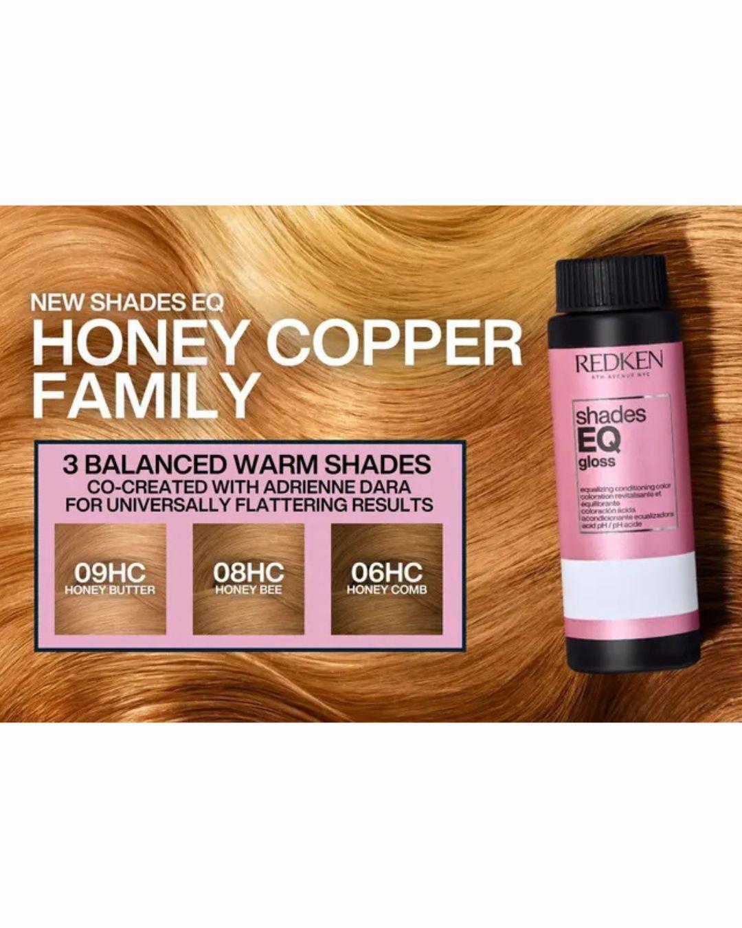 Redken Shades EQ Honey Copper family featuring 09HC Honey Butter, 08HC Honey Bee and 06HC Honey Comb gloss shades.