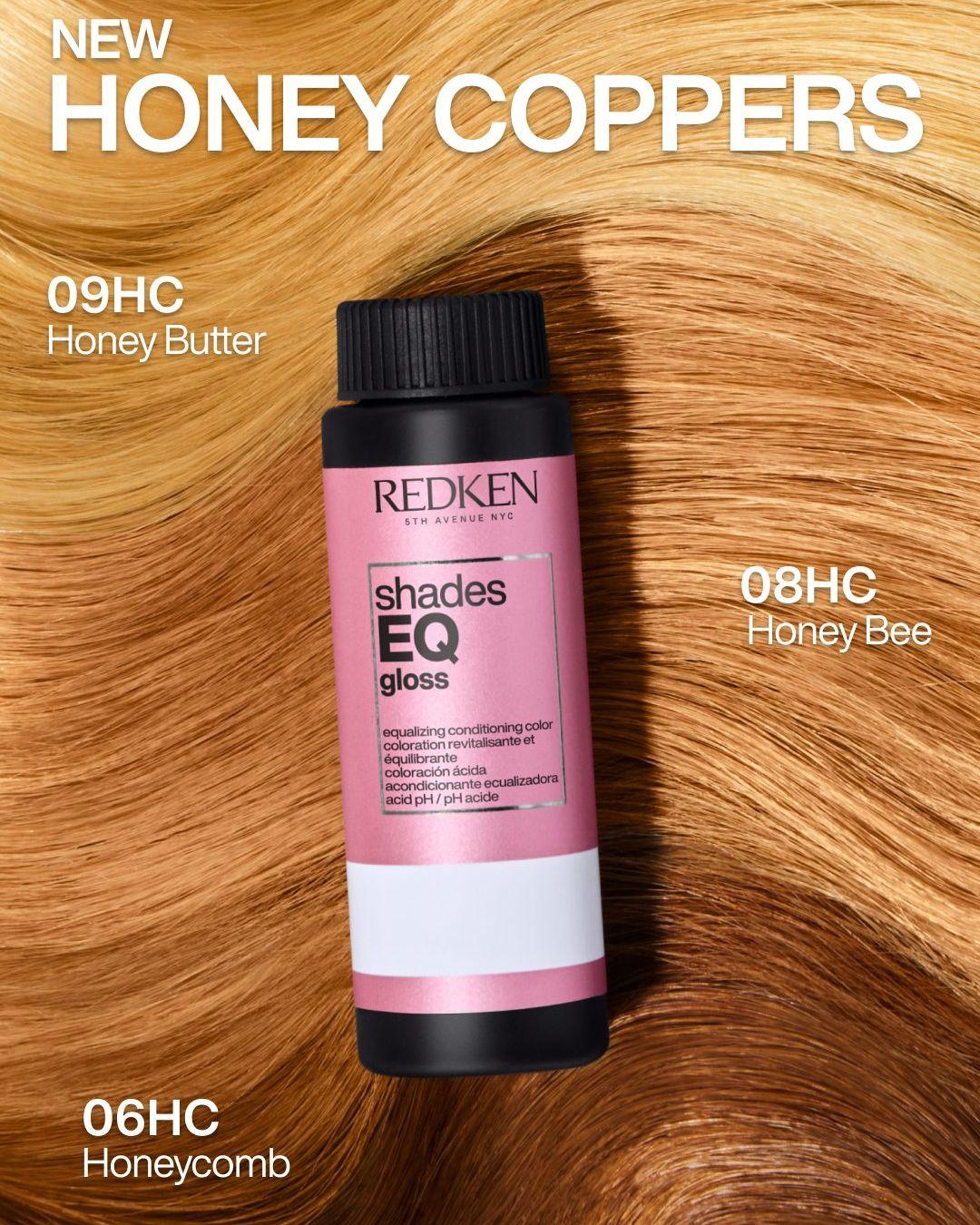 Redken Shades EQ Honey Copper collection with 09HC Honey Butter, 08HC Honey Bee and 06HC Honey Comb swatches.