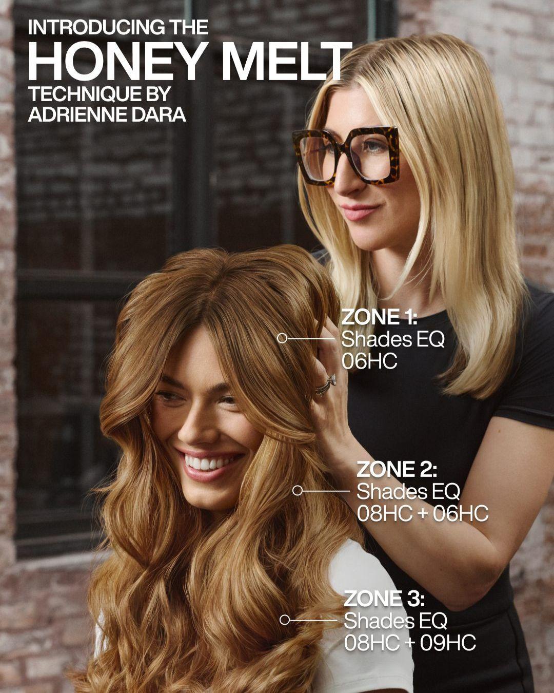 Adrienne Dara's Honey Melt technique using Redken Shades EQ Honey Copper shades for dimensional blonde and brunette hair color.