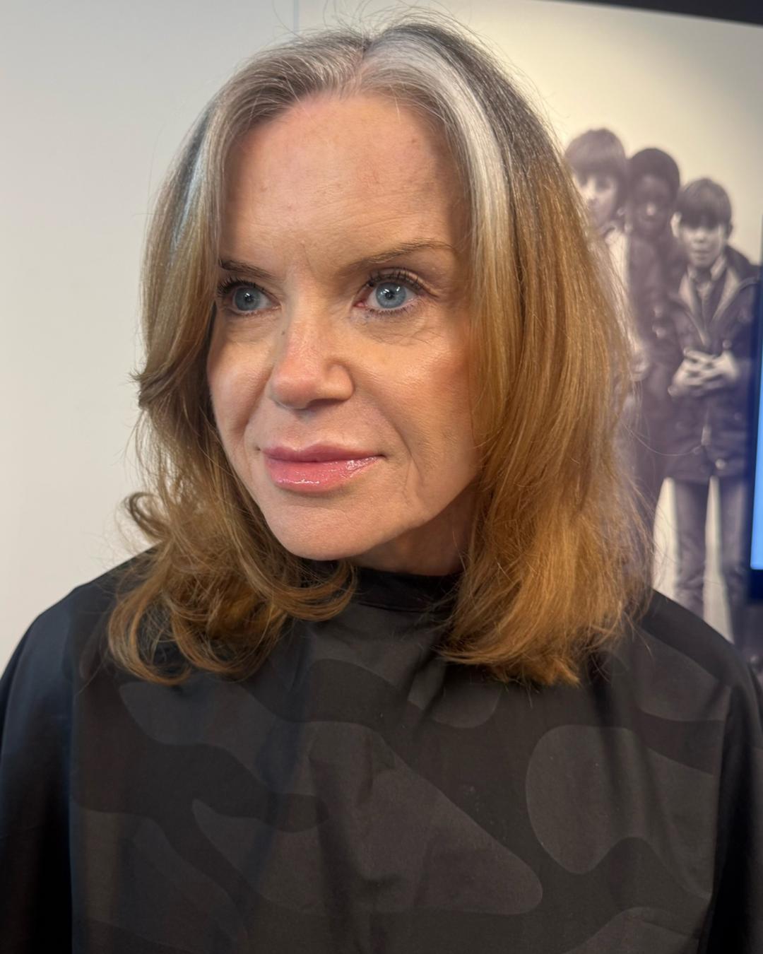 before with warm brassy color and gray roots and mids Photo courtesy of Kaine Vakai (@kainevakaihair)