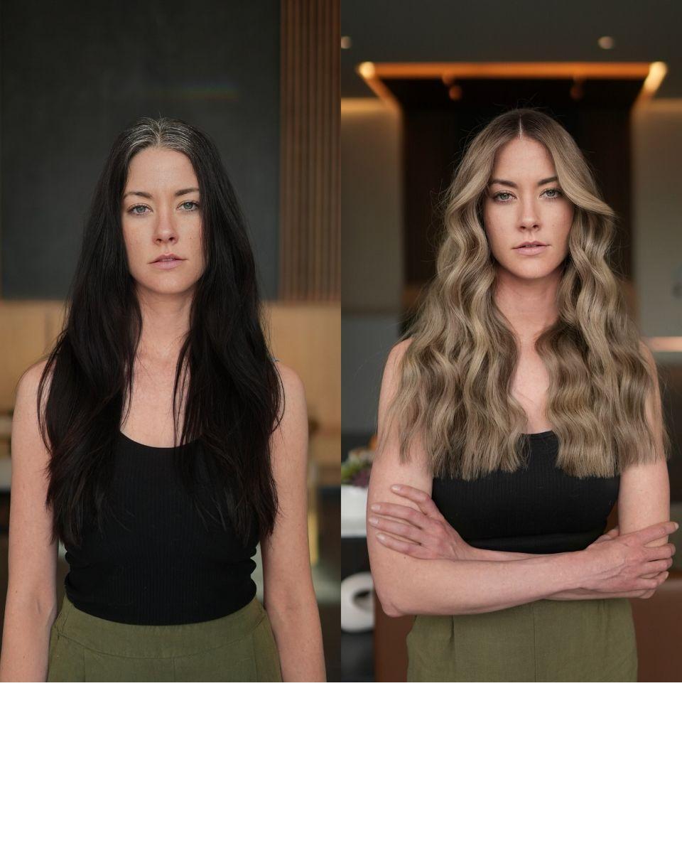 Final result of the gray blending transformation by Cameron Nichols, featuring a soft beige blonde finish with natural dimension and a lower-maintenance root.