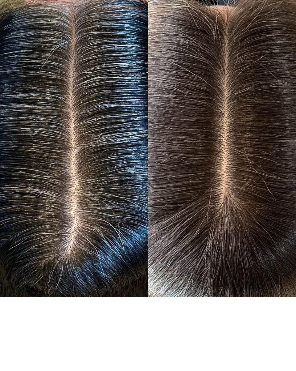 Before photo of the client with long permanent black hair color and visible gray regrowth around the hairline.