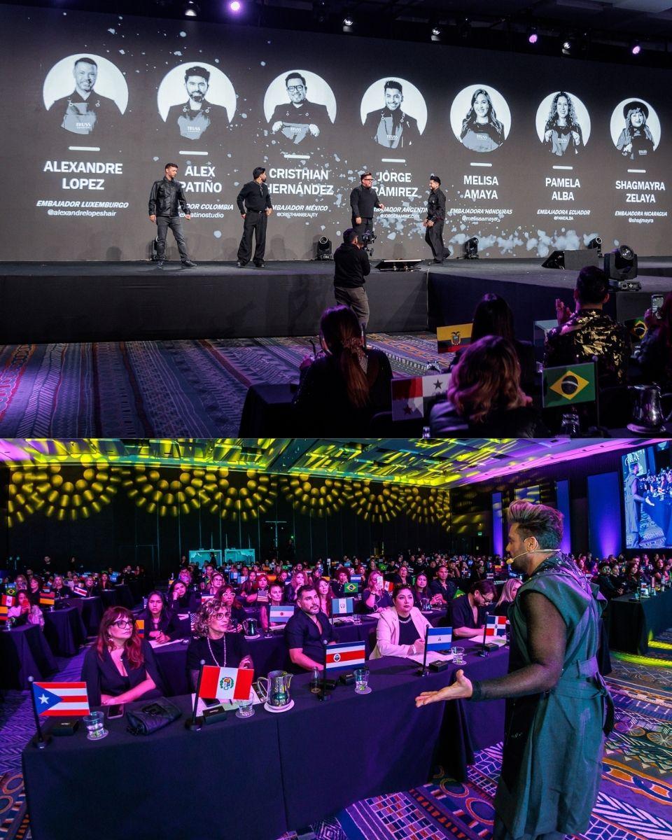 A wide view of the TRUSS Connection Global stage shows educators presenting to an audience of international beauty professionals in Lima, Peru.