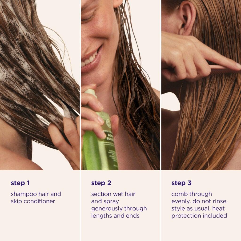Alt text: Three-step application guide for Maria Nila Bond Builder showing how to apply the leave-in treatment to damp hair before styling.