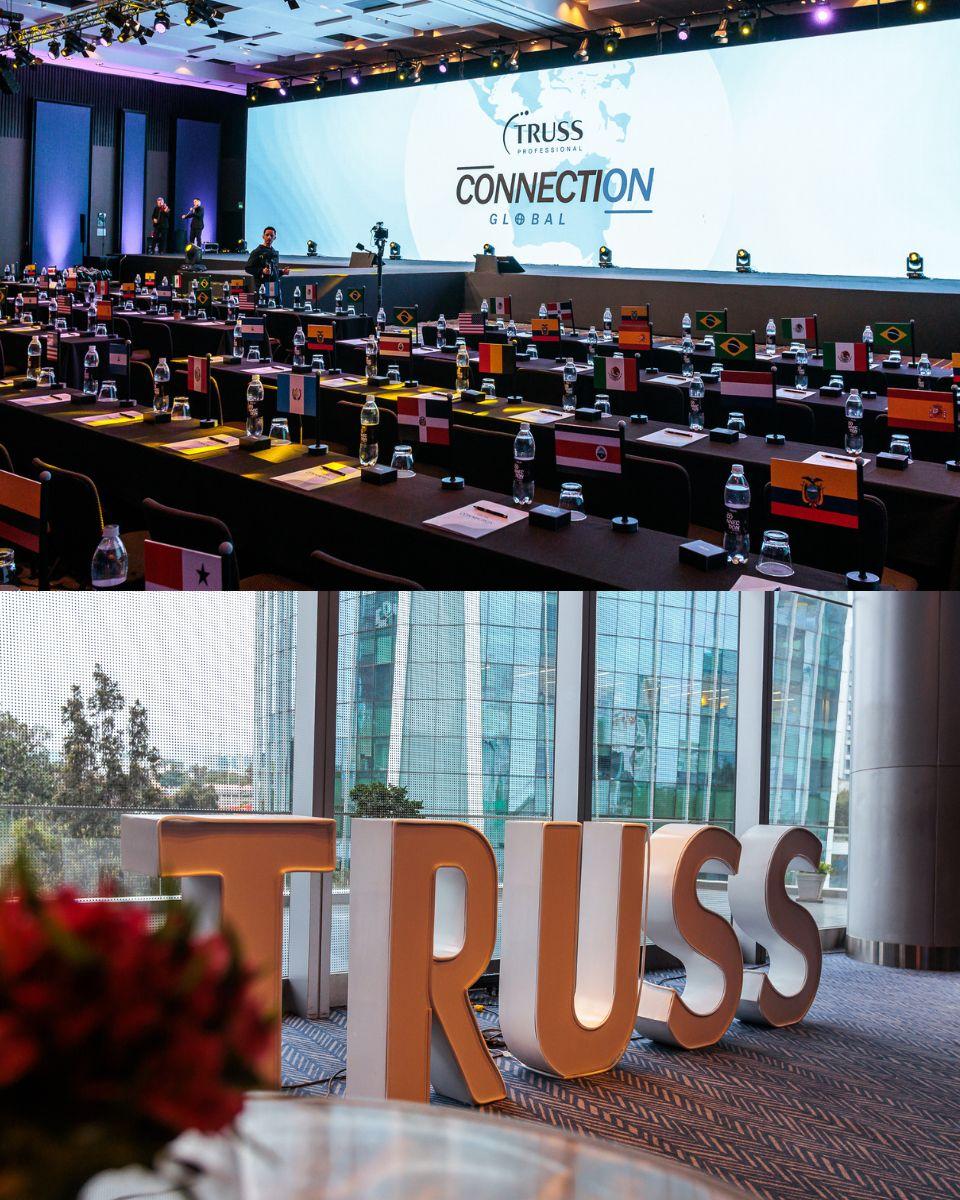 TRUSS Connection Global education room with international flags displayed at attendee seats, plus an illuminated TRUSS sign at The Westin Lima in Peru.