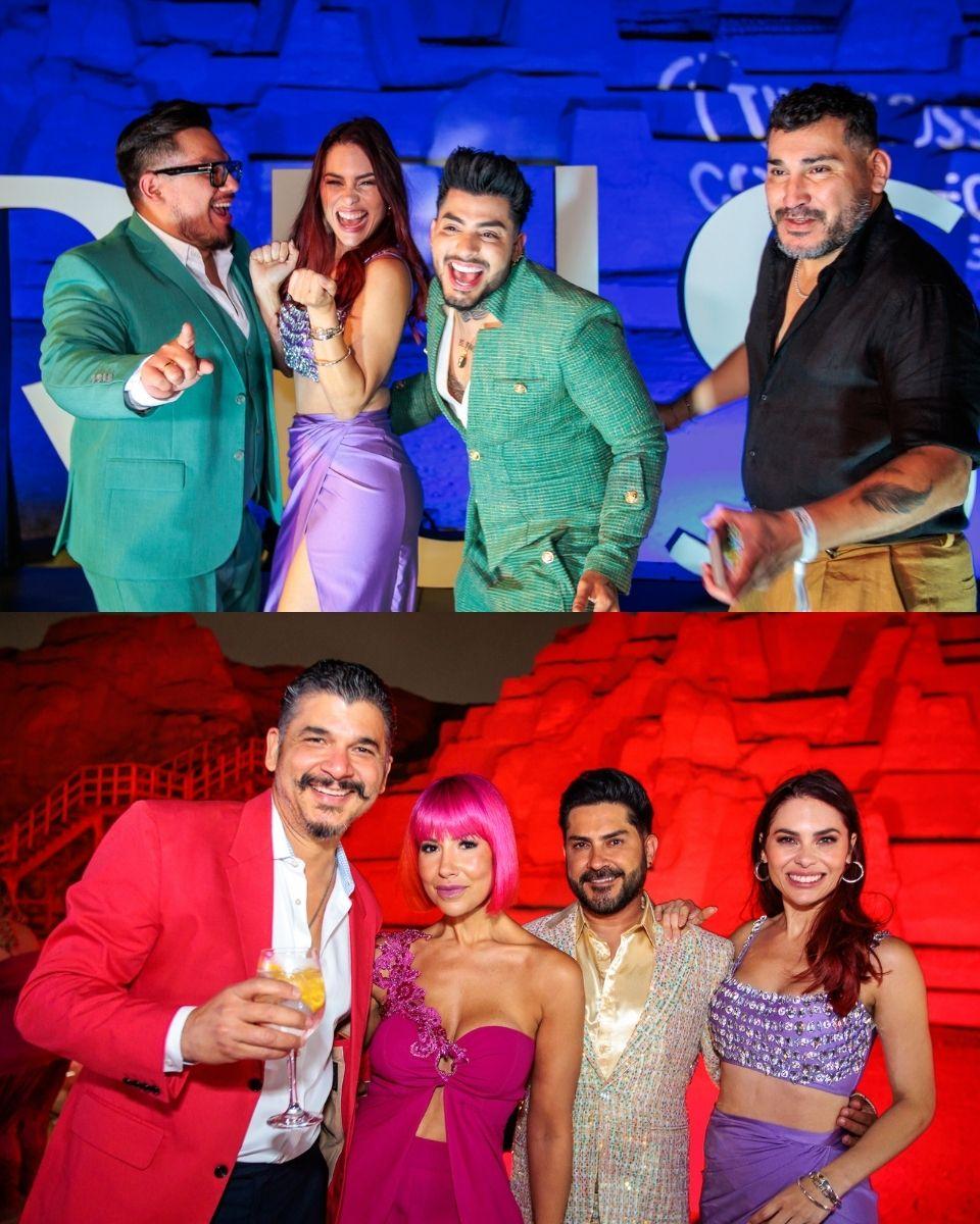 Guests pose together in colorful formal outfits during an outdoor TRUSS Professional party at a historical venue.
