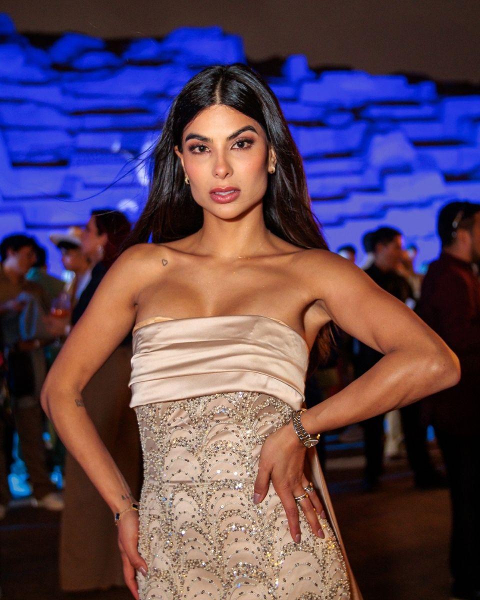 Peruvian influencer and model Ivana Yturbe poses in a formal look during a TRUSS Professional event in Lima, Peru.