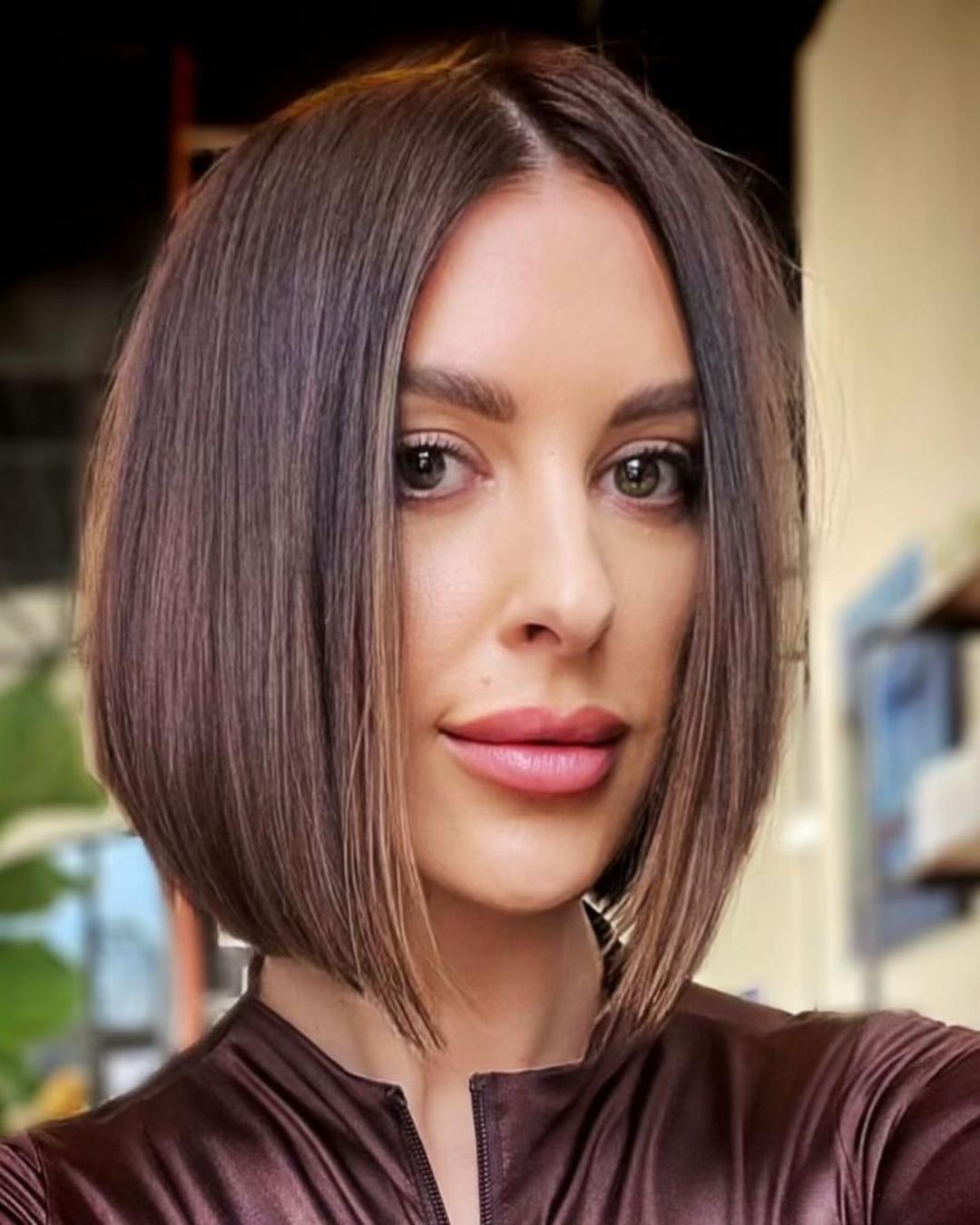 sharp blunt brunette bobs for thin hair Photo Credit Instagram via @hairtayloredtoyou and @arcscissors