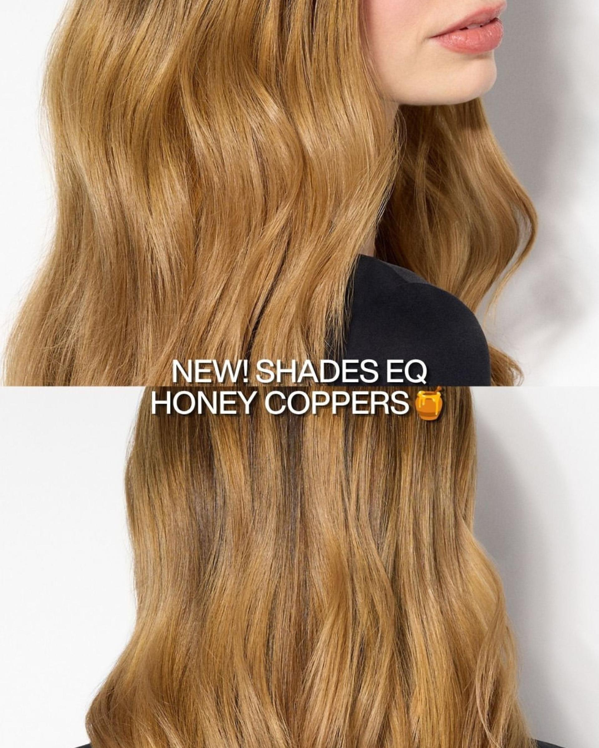 Before-and-after view of hair colored with Redken Shades EQ Honey Copper, showing soft, dimensional honey blonde tones with balanced warmth.