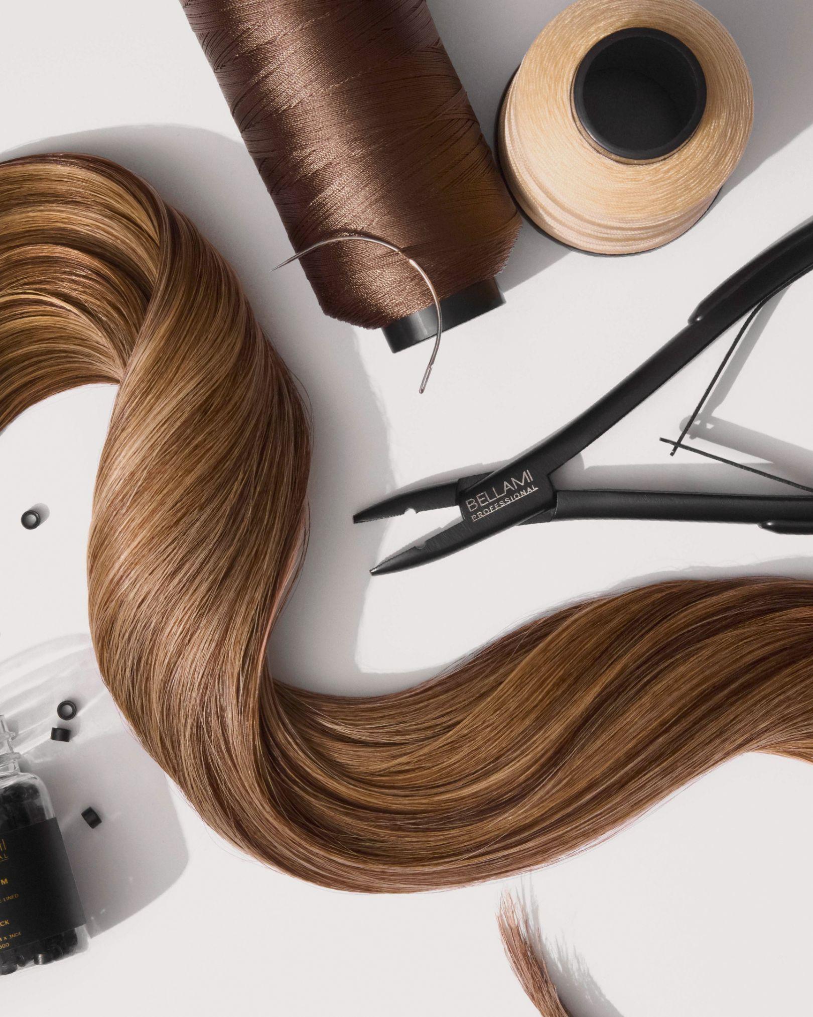 BELLAMI extension tools and Flex Weft 2.0 displayed with thread and pliers.