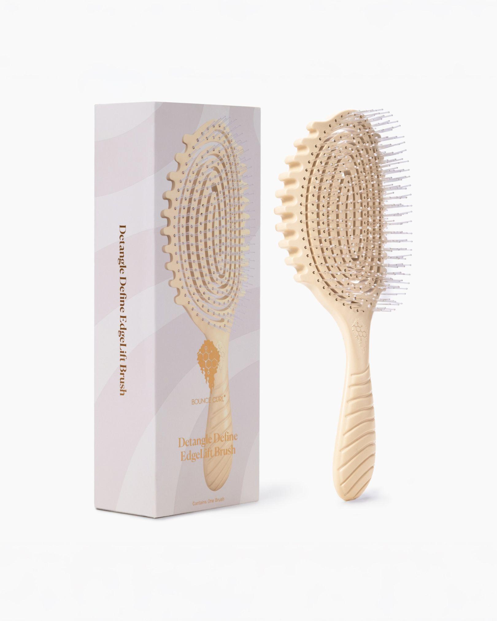 Bounce Curl Detangle Define EdgeLift Brush shown beside its packaging.