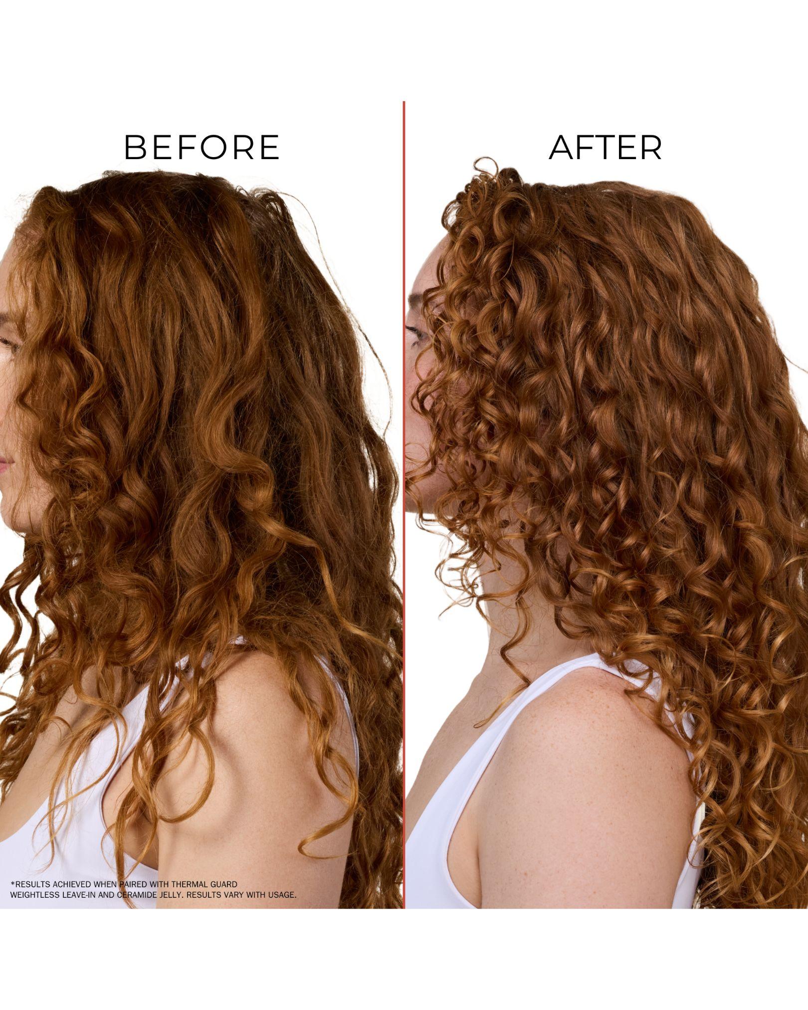 Before-and-after comparison showing curl definition created with the Bounce Curl EdgeLift Brush.