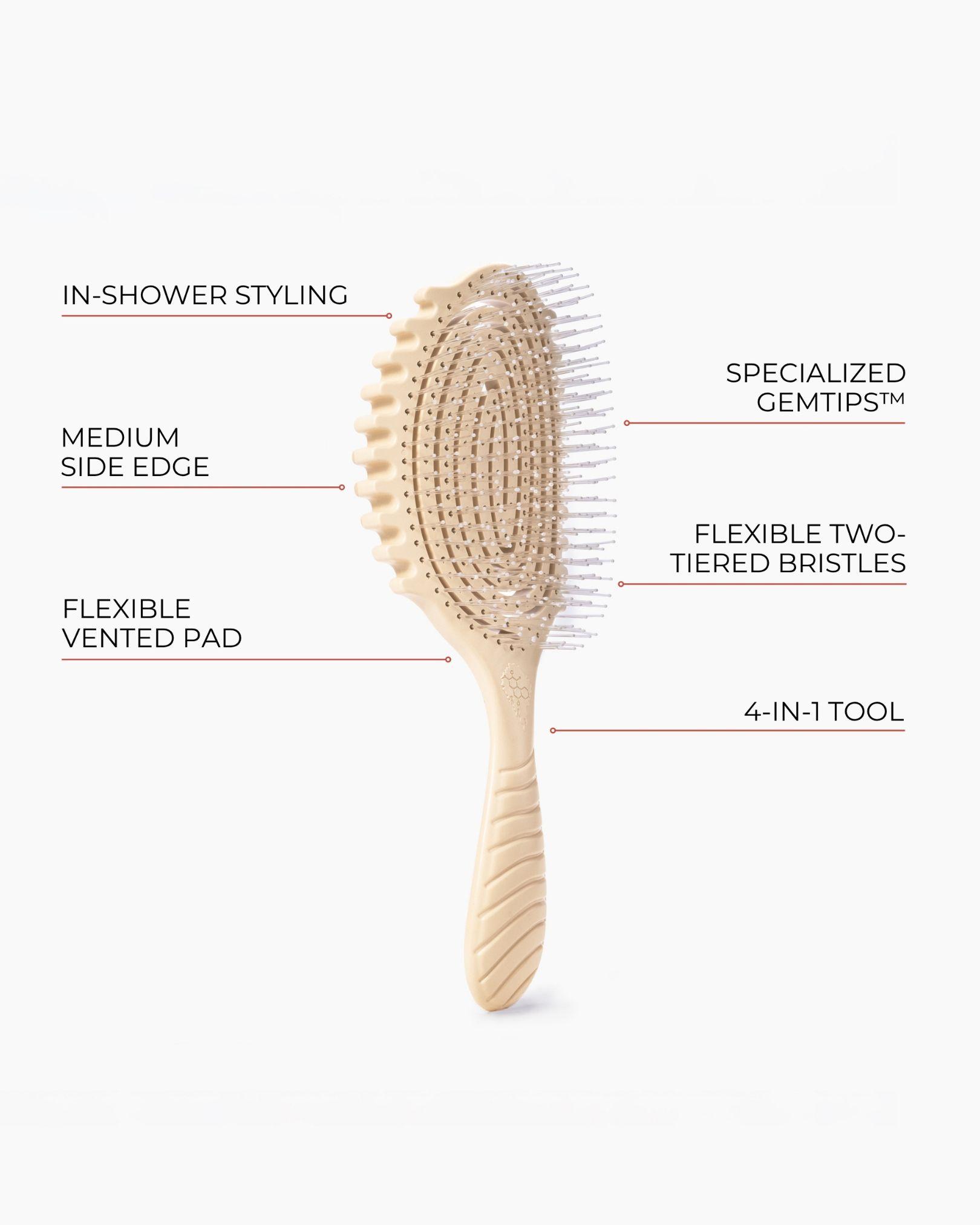 Diagram highlighting the features of the Bounce Curl Detangle Define EdgeLift Brush.
