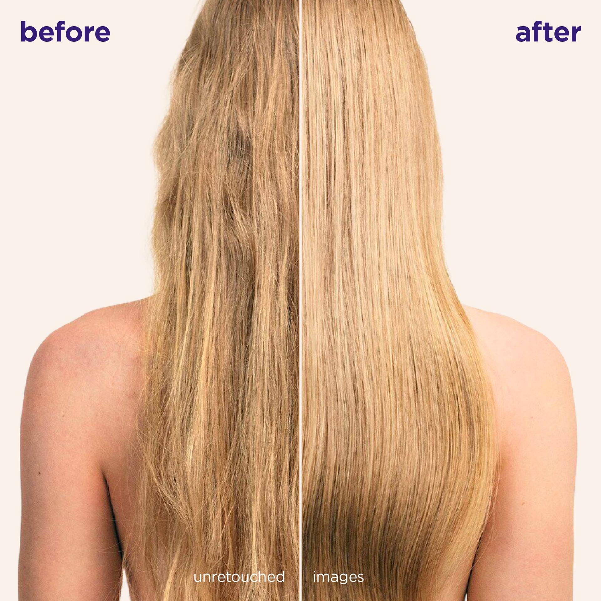 Alt text: Before-and-after comparison of long blonde hair showing visibly smoother, shinier and more polished results after using Maria Nila Bond Builder.