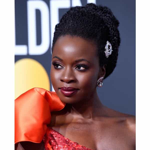 Danai Gurira at the Golden Globes 2019 with hair by Larry Sims.