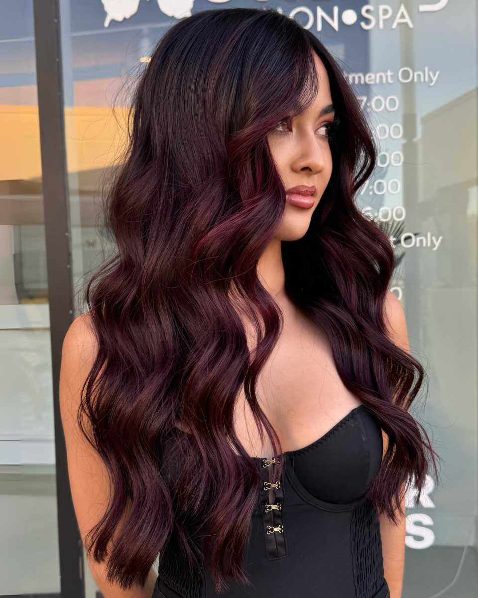 wine colored waves on long hair