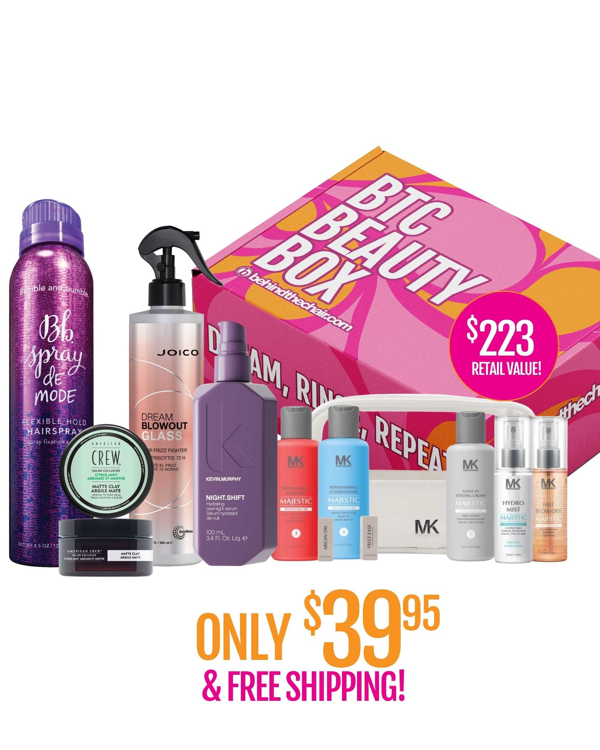Promotional image for the Behindthechair Beauty Box featuring a bright pink branded box surrounded by professional haircare and styling products from Bumble and bumble, Joico, KEVIN.MURPHY, American Crew and Majestic Hair Care, plus a branded cosmetic bag. Text highlights a $223 retail value and the promotional price of $39.95 with free shipping.