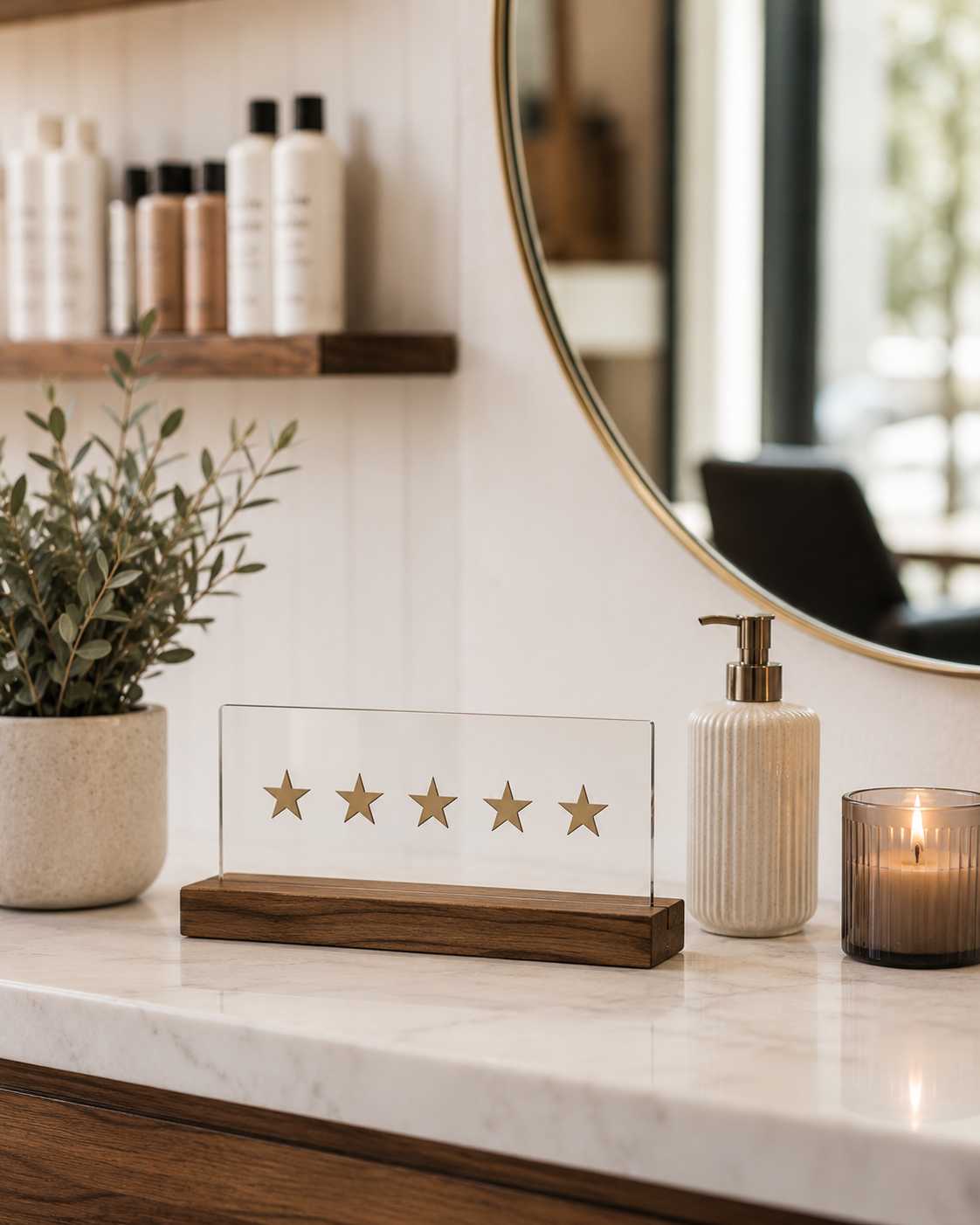 A five-star review acrylic sign displayed on a modern marble countertop inside a luxury hair salon, next to a ceramic vase with dried pampas grass, a lotion dispenser, and a burning candle.