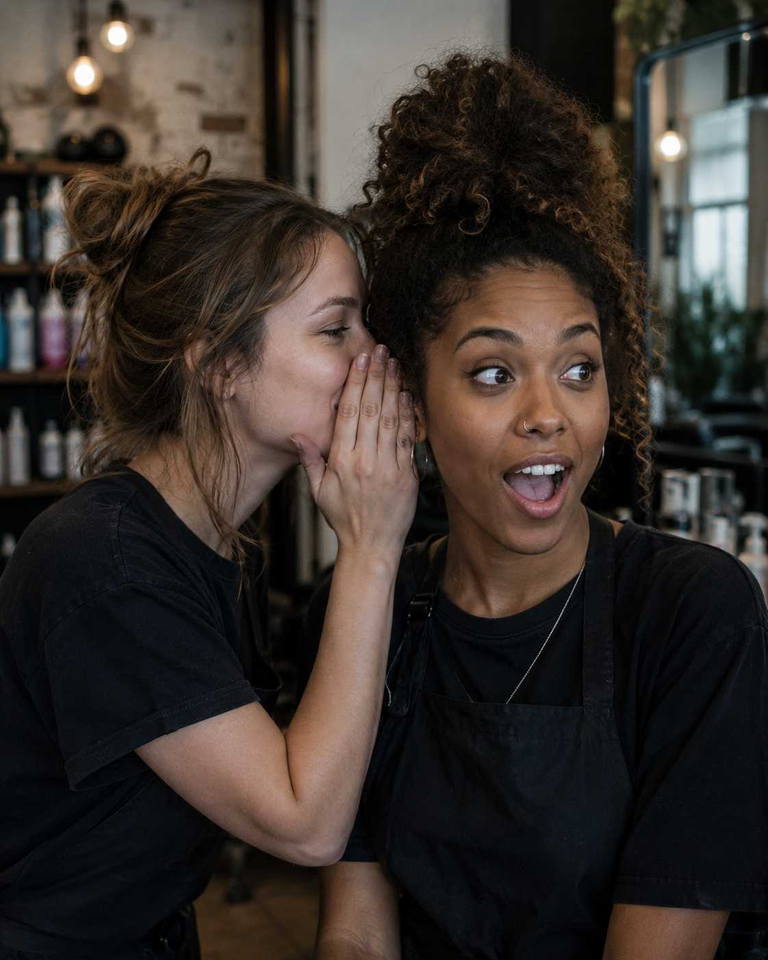 Two hairstylists in a salon share a secretive moment as one whispers into the other's ear. Surrounded by salon stations and hair products, the pair react with amused expressions, capturing the playful, behind-the-chair camaraderie of salon life.