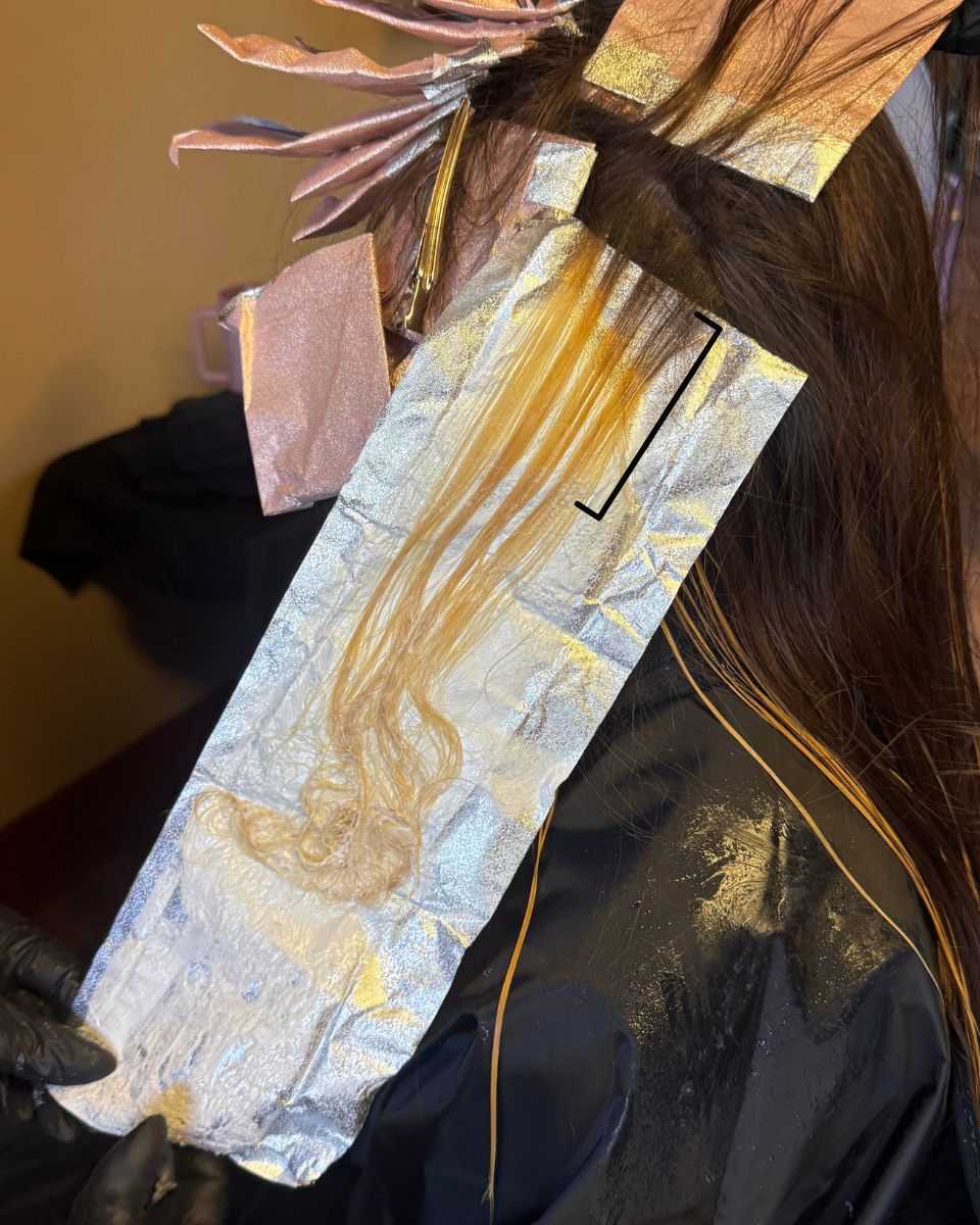 Close-up of a foil placement demonstrating Marina Sellecchia's balayage-inspired foil technique, featuring a softly feathered transition zone and fully saturated ends for seamless dimension.