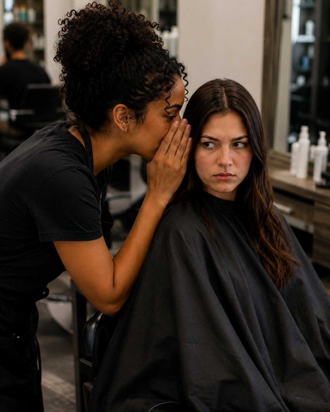 Hairdressers in a salon during a conversation about workplace culture and team dynamics.