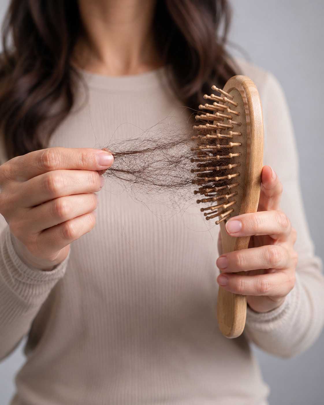 Alt text: Close-up of a person holding a wooden hairbrush with a large amount of shed hair caught in the bristles and between their fingers, illustrating hair thinning and increased shedding. The person's face is cropped out, with a soft neutral background keeping the focus on the hair loss.