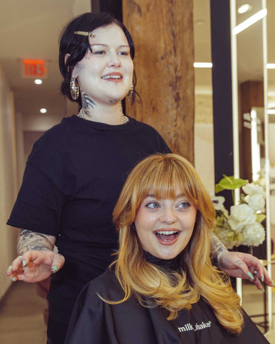 Lauren Freas reacts to her finished style after receiving the milk_shake Everlasting Bonds in-salon treatment.