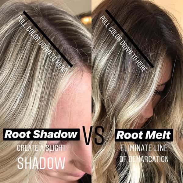 Root shadow vs. root melt comparison showing differences in blonde root blending