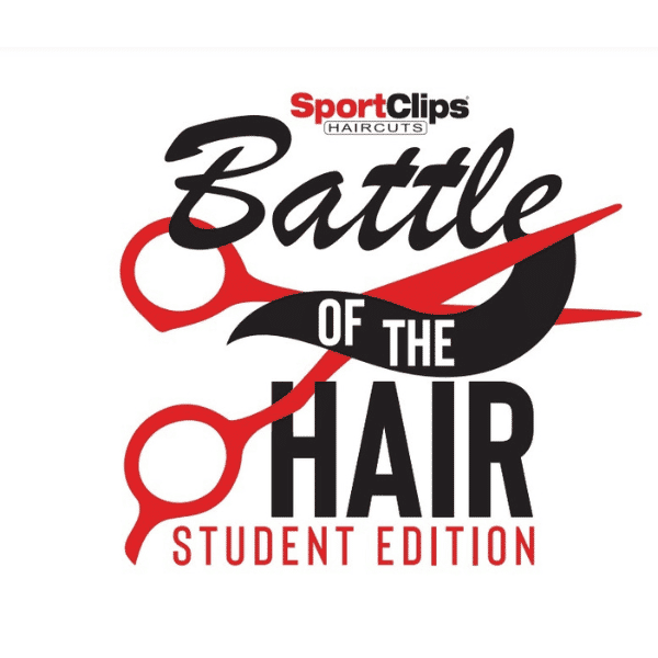 Sport Clips Haircuts logo with Battle of the Hair Student Edition on display with a bold red and black text with a sleek, modern design.