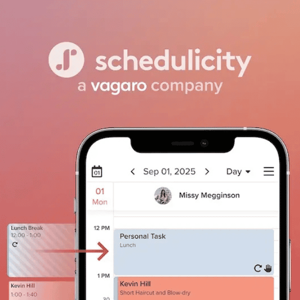 Schedulicity, a Vagaro company, displayed on a mobile interface with a scheduling feature for managing appointments and tasks.