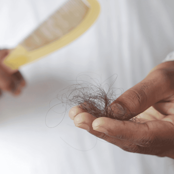 Close-up of a person holding fallen hair with a comb in the background, representing postpartum hair loss and excessive shedding.