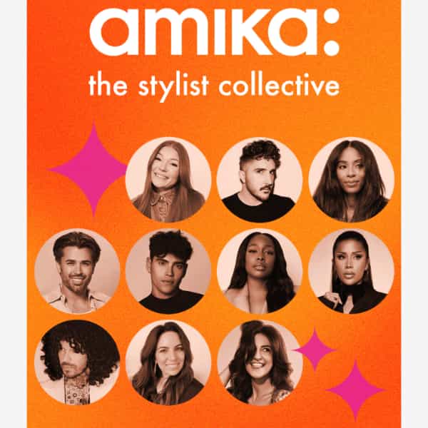 "amika: the stylist collective" graphic featuring ten hairstylists' portraits on an orange background with pink star accents.