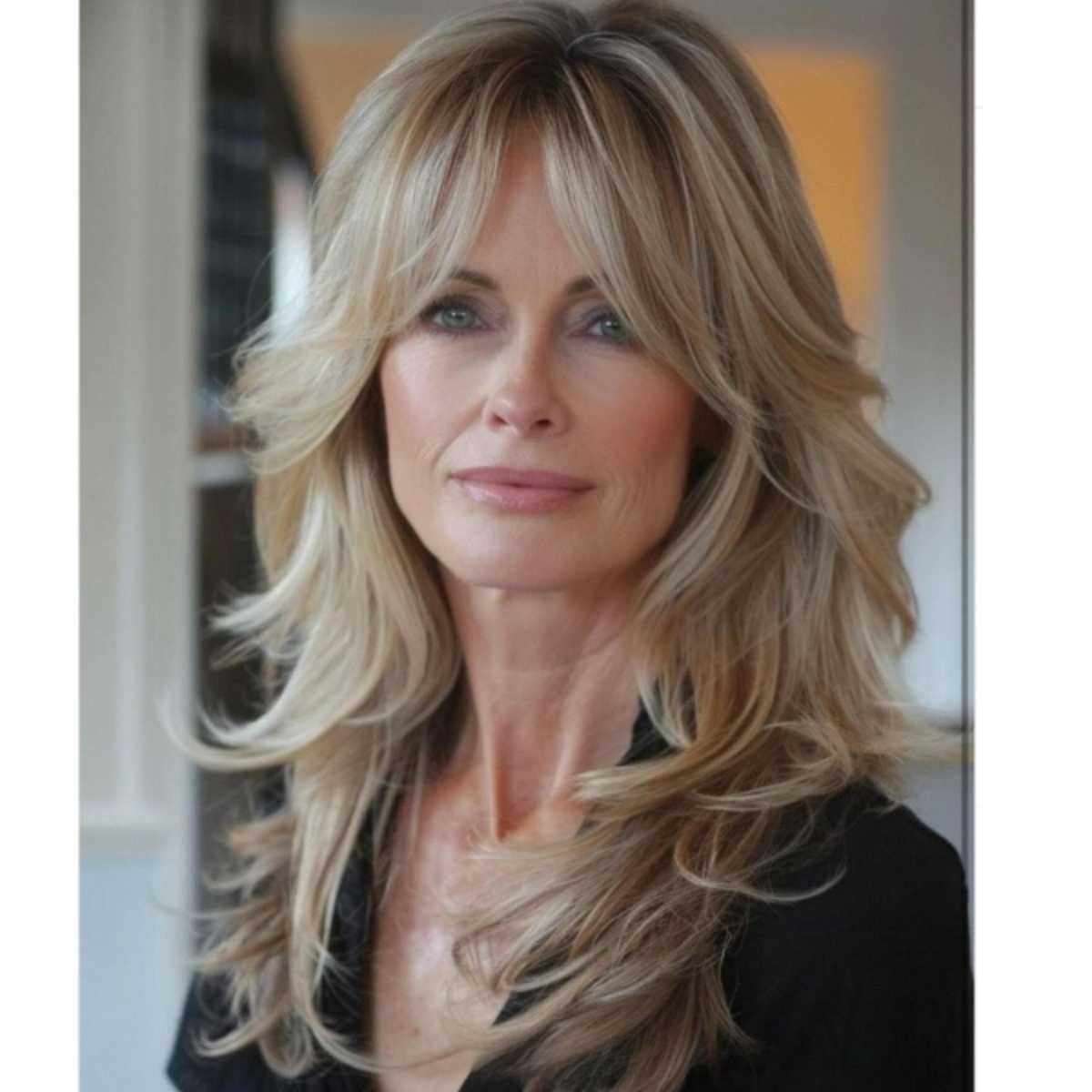 long blonde layers on a woman over 50