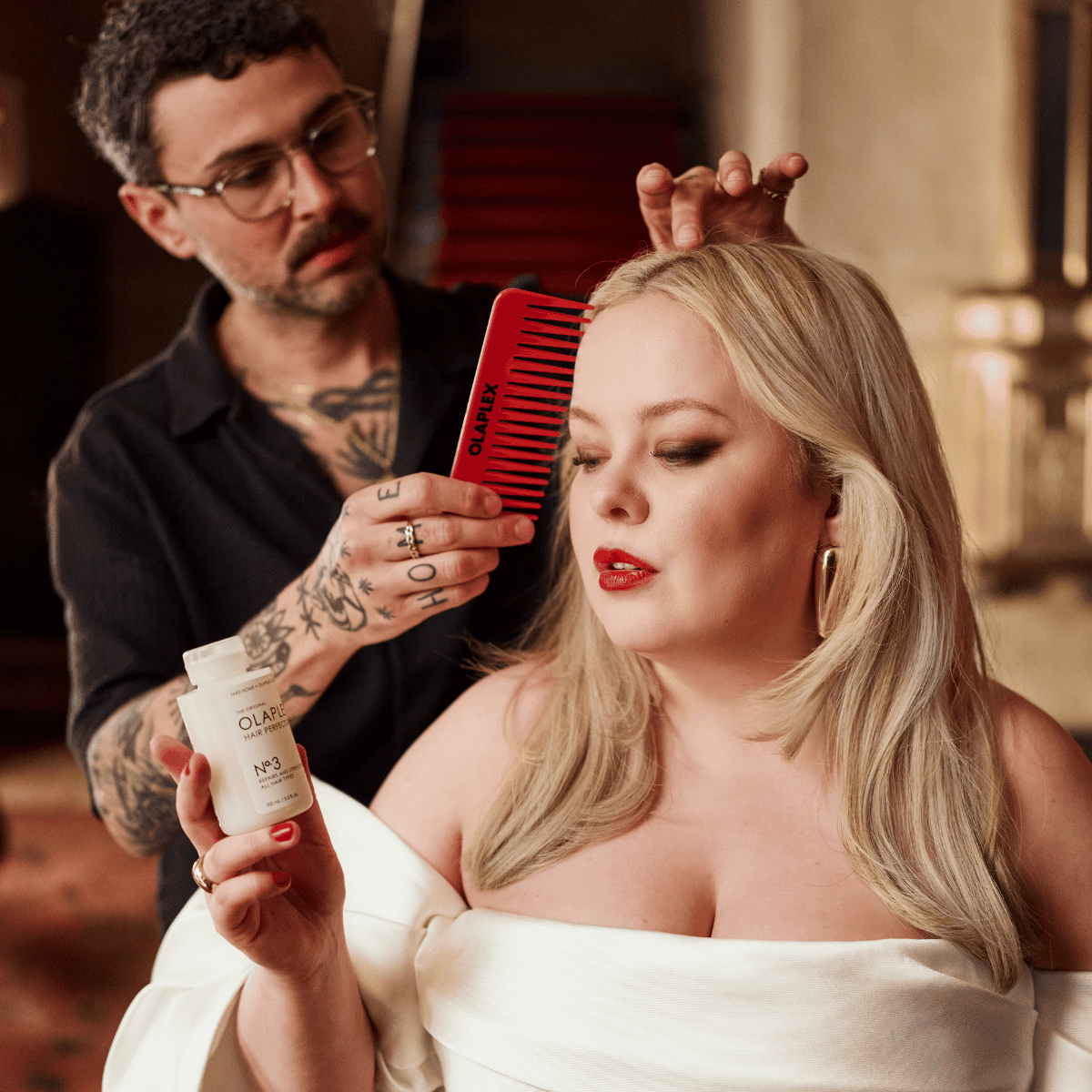 Nicola Coughlan styled for Olaplex’s Designed to Defy brand campaign shoot.