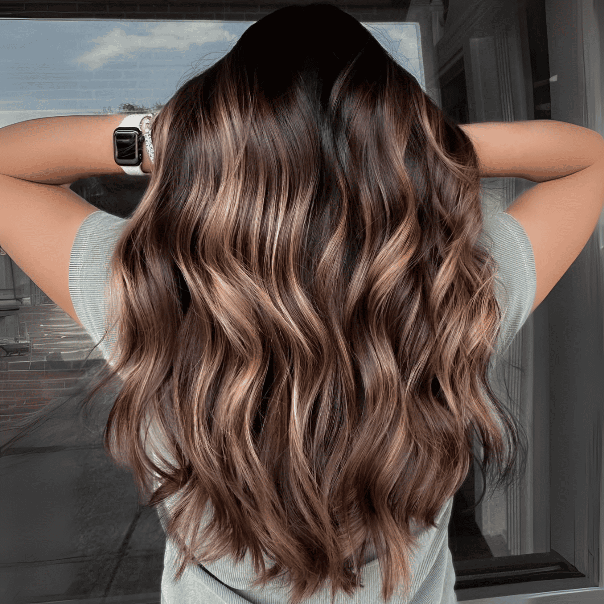 glossy brunette with soft blonde reflective highlights