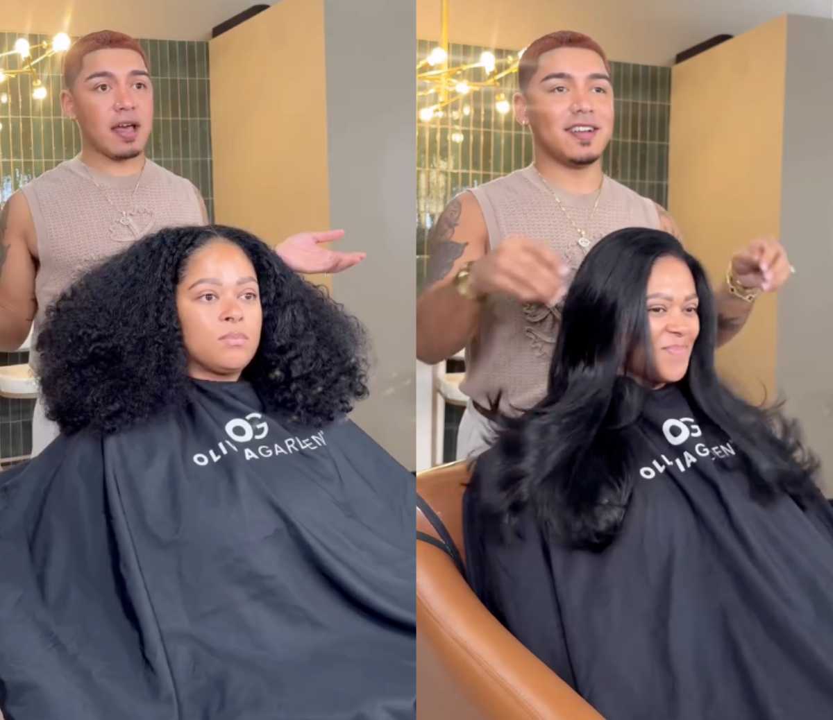 side by side before very curly hair after soft silky blowout