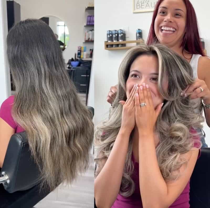 Before-and-after transformation showing dark hair lifted to dimensional blonde highlights.