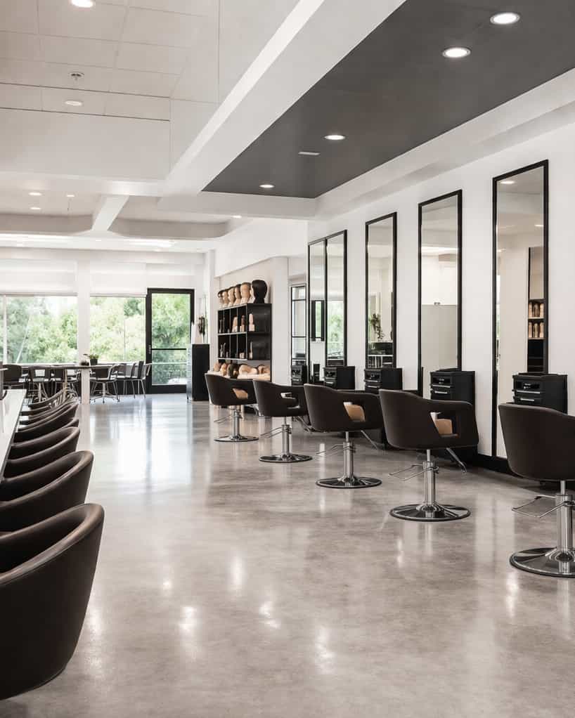 Bright, modern cosmetology school salon with a row of styling chairs and tall mirrors, polished concrete floors, product shelves and large windows letting in natural light.