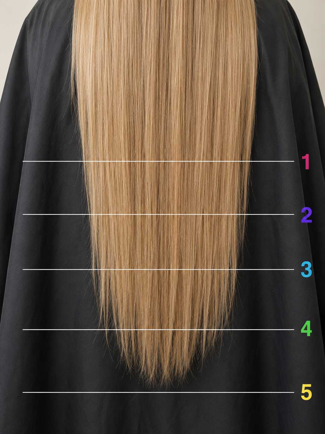 Back view of long blonde hair over a black salon cape with horizontal measurement lines illustrating where a trim ends and a haircut begins.