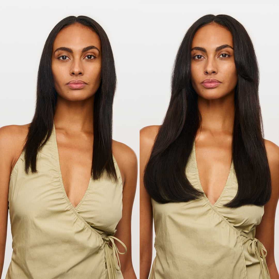 Before-and-after photo showing BELLAMI Flex Weft 2.0 adding length and volume to dark brunette hair.