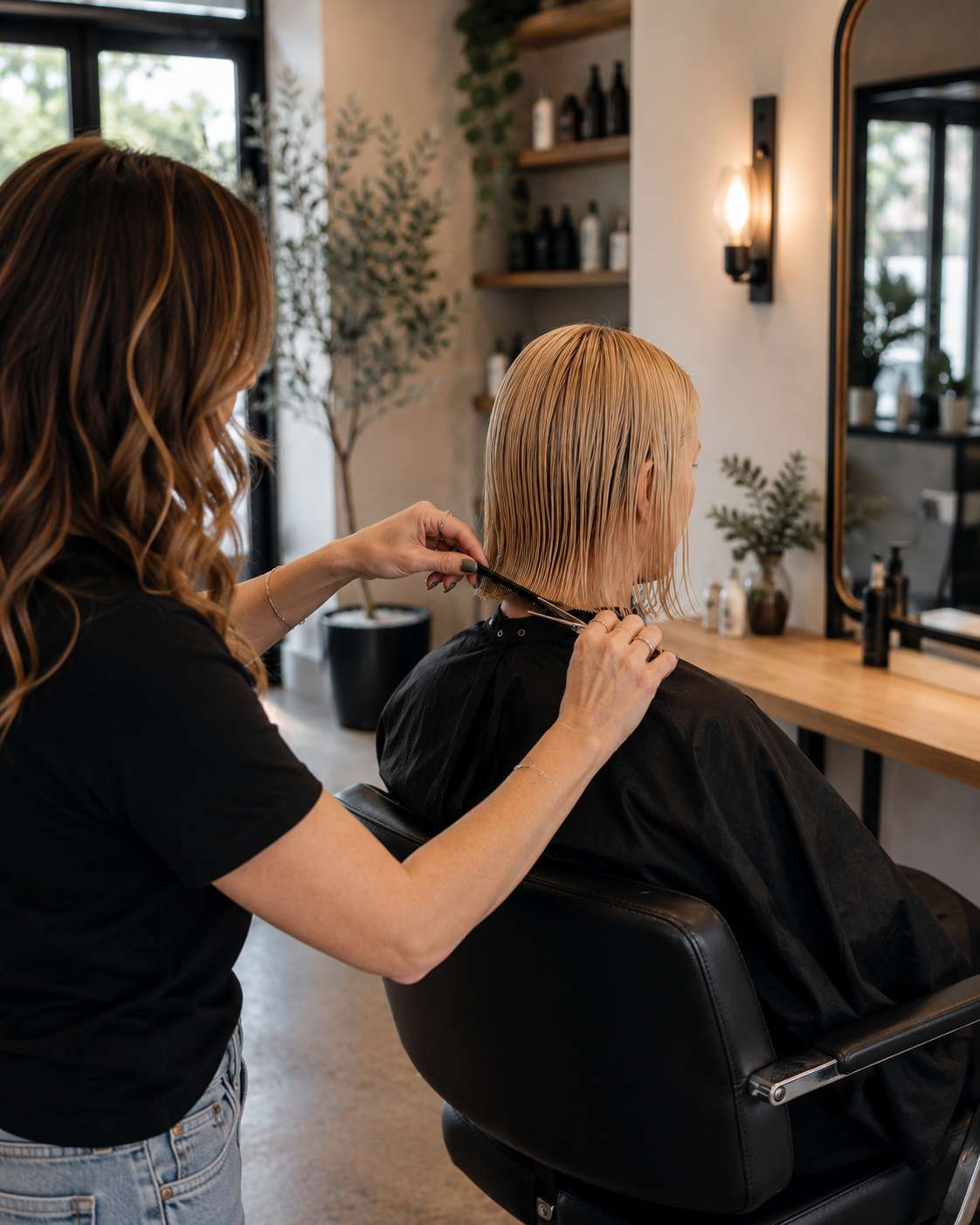 A hairstylist cuts a blonde client's wet bob haircut while the salon chair is turned away from the station mirror. The stylist uses a comb and scissors to shape the hair in a modern salon with warm lighting, natural wood accents and contemporary décor. The image illustrates a haircut in progress with the client positioned away from the mirror.