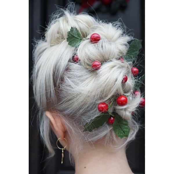 Schwarzkopf Professional How To Maggie Hancock @maggiemh Embellished Holiday Updo Short Hair Holly Knots Buns Upstyling Styling After