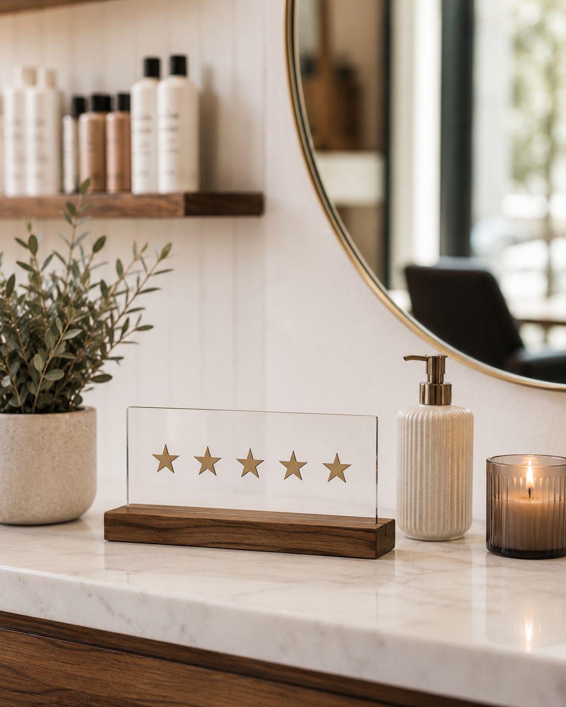 A five-star review acrylic sign displayed on a modern marble countertop inside a luxury hair salon, next to a ceramic vase with dried pampas grass, a lotion dispenser, and a burning candle.