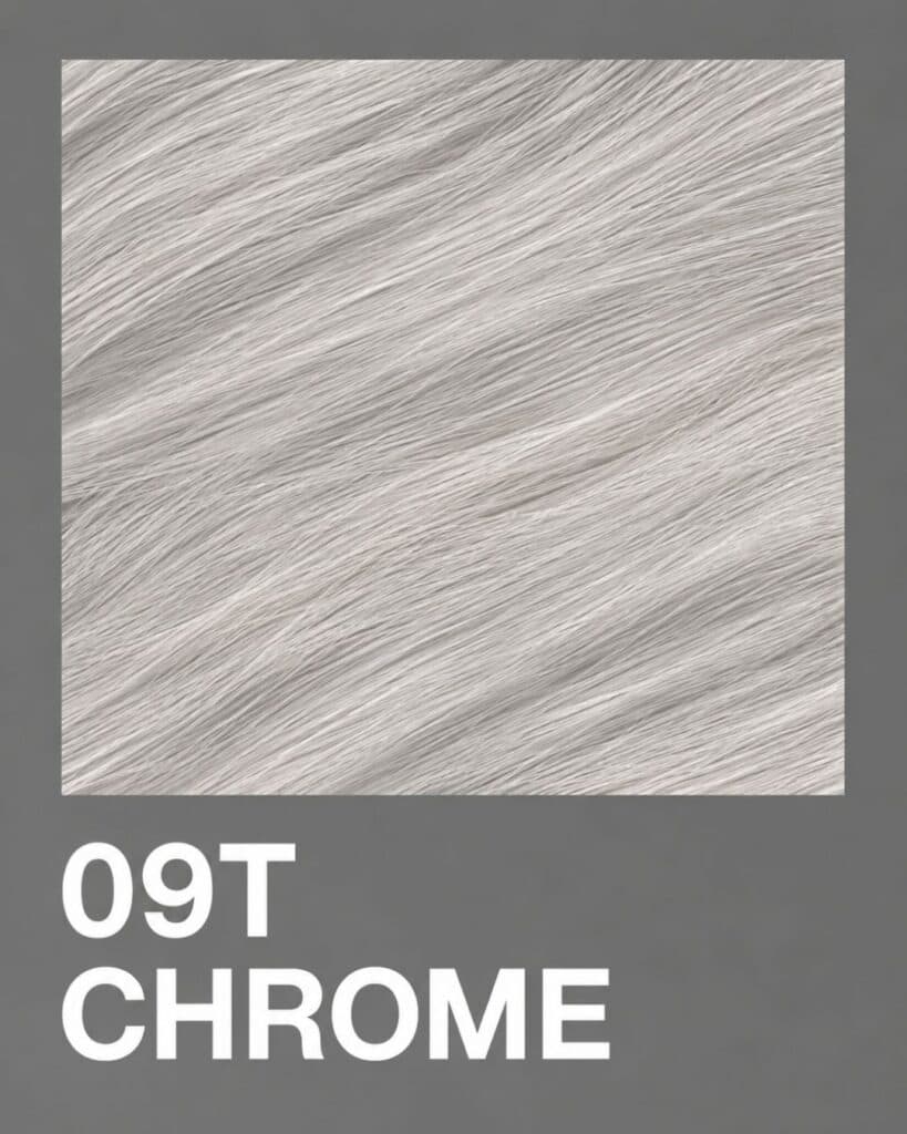 Redken Shades EQ Gloss 09T Chrome swatch featuring an icy silver blonde hair color.
