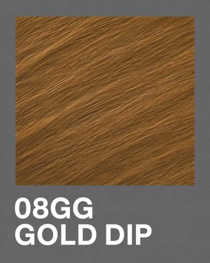 Redken Shades EQ Gloss 08GG Gold Dip swatch featuring a warm golden brunette hair color.