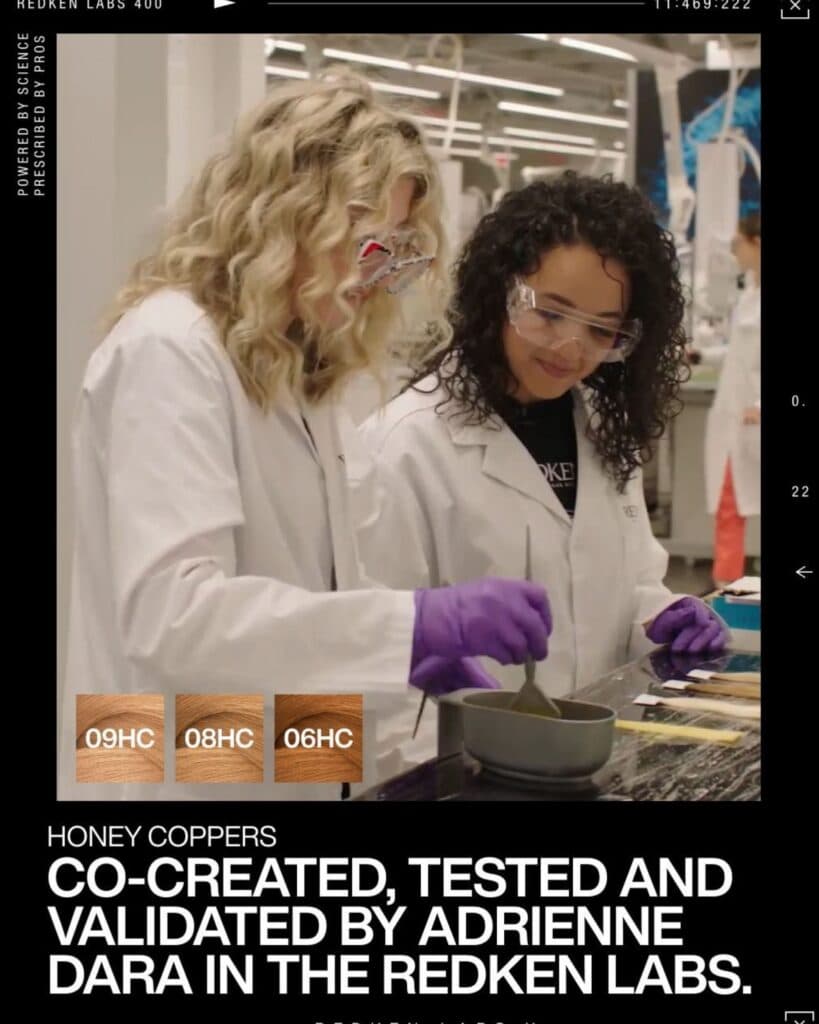Adrienne Dara co-creates and tests the new Redken Shades EQ Honey Copper collection in the Redken Labs alongside a research scientist.